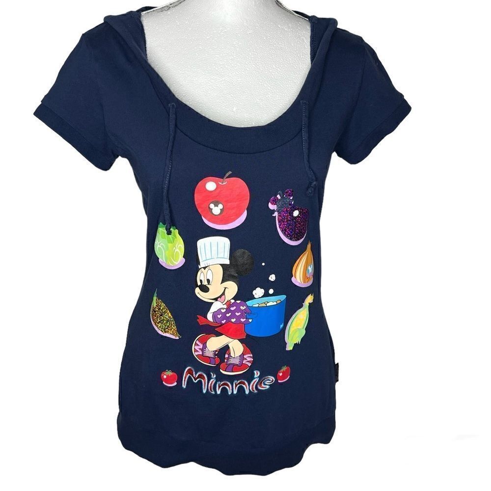 Disney Land Hong Kong Short Sleeve Hooded Dark Blue Tee Women’s Top Sz L